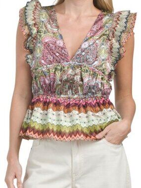 NWT CIEBON Joulie Peplum Top Shirred Waist Short Sleeve Multicolor Blouse Size M